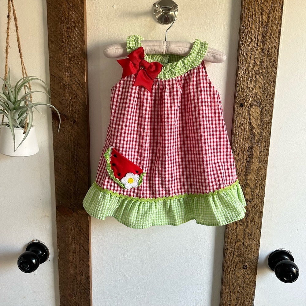 Rare Editions Sun Dress Red Gingham Seersucker Watermelon Ruffles 24m baby girl